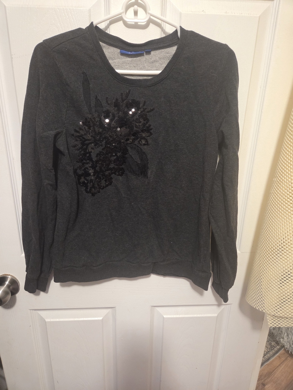 Apt. 9 Charcoal Crewneck Sweatshirt with Black Sequin Floral Appliqué